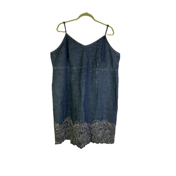 Vintage Dresses & Skirts - Vintage Y2K Denim Jean Scalloped Empire Spaghetti Dress Rave